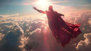 Jesus in Superman Costume Flying Above Clouds with Outstretched Arms in the Sky at Sunset photo