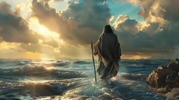 Jesus Christ Walking on Water on the Sea of Galilee at Sunset with Dramatic Clouds photo