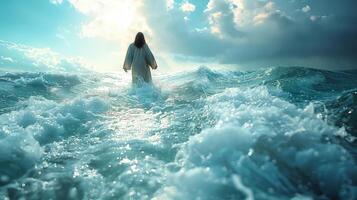 Jesus Christ Walking On Water in a Miraculous Scene on the Sea of Galilee with Serene Sky photo