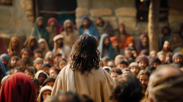 Jesus Teaching Disciples and Crowd of People from the Back View in Biblical Times photo