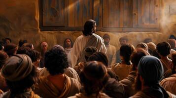 Jesus Teaching Disciples Inside a Warmly Lit Room, Back View of a Biblical Scene photo