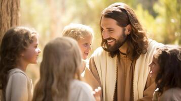 Jesus Christ Interacting with Joyful Children in a Serene Outdoor Setting photo