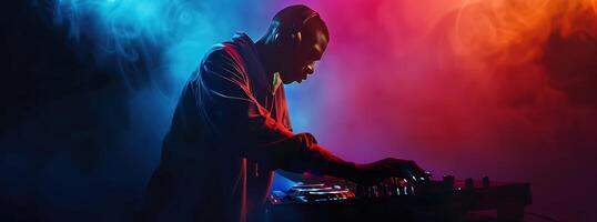 DJ Playing Music at a Nightclub with Dynamic Lighting and Colorful Smoke Effects photo