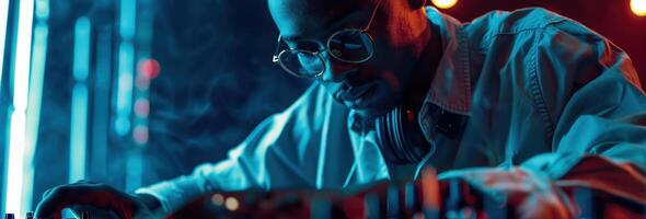 DJ Performing at a Nightclub With Dynamic Lighting and Vibrant Atmosphere photo