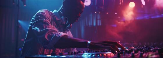 DJ Playing at a Nightclub with Dynamic Lighting and Vibrant Atmosphere photo