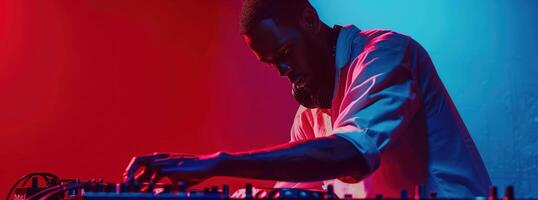 DJ Playing at Nightclub with Dynamic Lighting and Vibrant Atmosphere photo