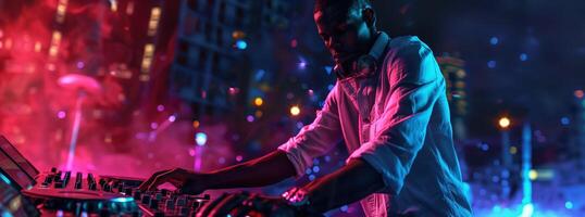 DJ Playing Music at a Nightclub, Dynamic Angle with Neon Lights, Party Atmosphere photo
