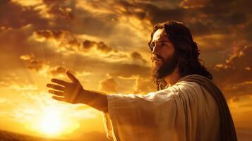 Jesus Christ Reaching Out with Open Arms at Sunset photo