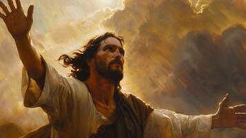 Jesus Christ With Open Arms Embracing Redemption And Hope Surrounded By Glorious Light photo