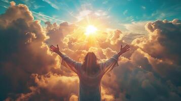 Heavenly Scene with Jesus Christ Reaching for Sunlight Amidst Clouds Symbolizing Faith and Salvation photo