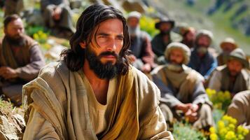 Hyper-Realistic Depiction of Jesus Delivering the Sermon on the Mount photo