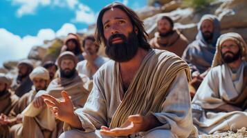 Hyper-Realistic Depiction of Jesus during the Sermon on the Mount with Disciples photo