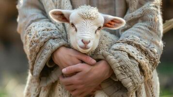 Close-Up of Tender Hands Holding a Small Lamb in a Pastoral Setting photo