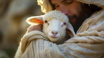 Close-Up of Small White Lamb Comfortably Resting in Person's Arms photo