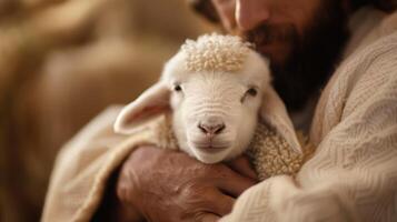 Close-Up of a Small White Lamb in the Arms of a Bearded Man photo