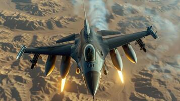 F-16 Fighter Jet Flying High Above The Desert In A Dynamic Maneuver photo