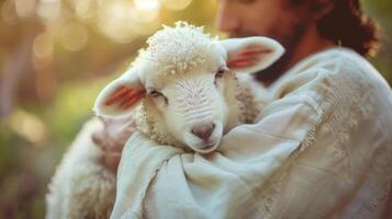Close-Up Photo of a Small White Lamb in Gentle Embrace of an Adult