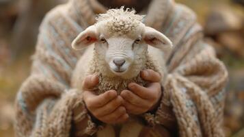 Close-Up of Hands Gently Holding a Lamb in a Rustic Setting, Symbolizing Care and Protection photo
