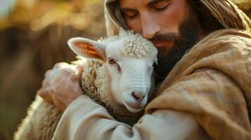Close-Up of a Small White Lamb in the Arms of a Jesus Christ in Rustic Clothing photo