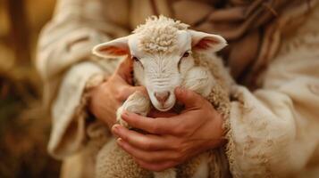 Close-Up of Jesus Holding a Small Lamb in His Hands, Symbolizing Care and Protection photo