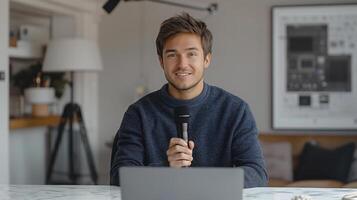 Young Male YouTuber Recording on Camera While Holding a Microphone in a Home Office photo