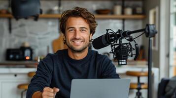 Smiling Man Recording Podcast at Home Desk with Laptop and Microphone photo