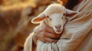 Close-Up Photo of a Small White Lamb Being Gently Held in Arms