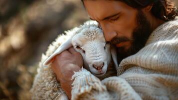 Close-Up Image of a Jesus Christ Holding a Small White Lamb With Love and Care photo