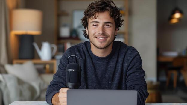 Smiling Man Recording a YouTube at Home with a Professional Microphone photo