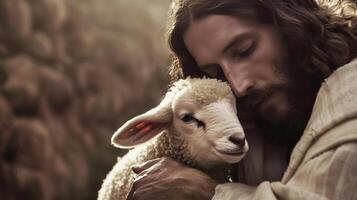 Close-Up Portrait of Jesus Christ Embracing a Gentle Lamb in a Serene and Peaceful Setting photo