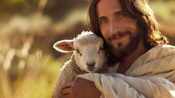 Close-Up Portrait of Jesus Christ Holding a Lamb in a Serene Nature Setting photo