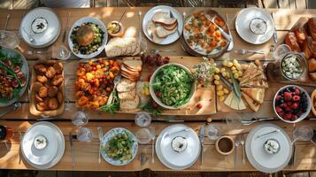 Top View of a Festive Dining Table Filled with Vibrant and Delicious Brunch Dishes photo