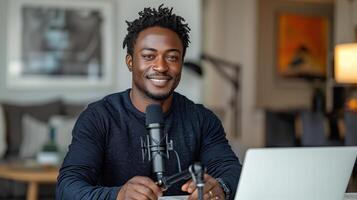 Confident YouTuber Smiling While Recording with Microphone and Laptop at Home photo