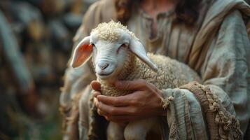 Jesus Christ Gently Holding a Lamb in a Serene and Peaceful Setting photo