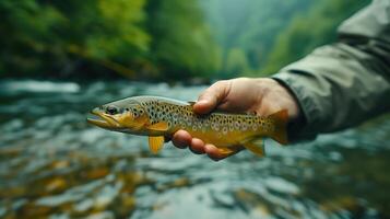 Closeup of Hand Holding A Brown Trout in Mountain River Landscape photo