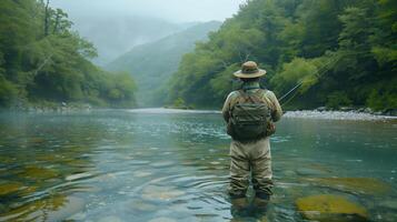 Man Fly Fishing in Serene Mountain River in Japan with Lush Green Forest in Background photo