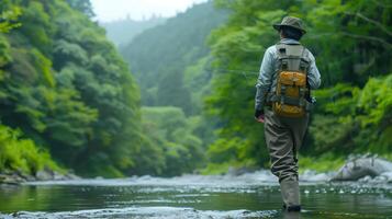 Fisherman Spinning for Trout in a Mountain River in Japan Surrounded by Lush Greenery photo
