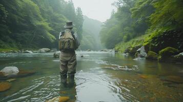 Man Fly Fishing in Scenic Mountain River in Japan Surrounded by Lush Greenery photo
