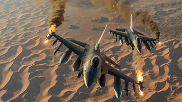 Two F-16 Fighter Jets Flying High Above the Desert in Combat Formation photo