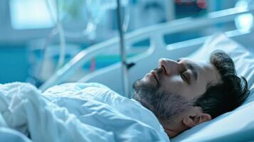 Unconscious Patient Lying in Hospital Emergency Room Bed with Medical Equipment photo