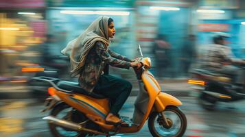 Young Woman Riding Electric Moped Through Busy Urban Street at Dusk photo