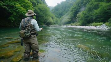 Man Fly Fishing in Tranquil Mountain River in Japan Amidst Lush Greenery photo