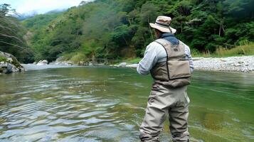 Man Fly Fishing for Trout in a Scenic Mountain River in Japan photo
