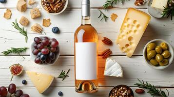 Overhead View of a Mockup Wine Bottle With Cheese, Fruits, and Nuts on a Wooden Table photo