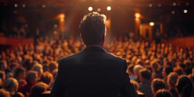 Man Giving an Inspirational Talk to a Large Audience in a Dimly Lit Auditorium photo