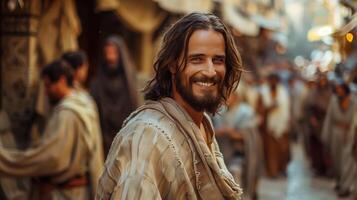 Portrait of a Happy Jesus Christ Smiling in a Historical Market Setting photo