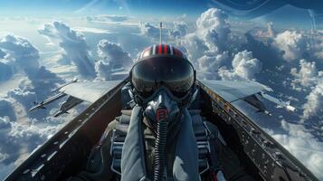 Portrait of a Pilot in the Cockpit of an F-16 Fighter Jet Flying Above Clouds at High Altitude photo