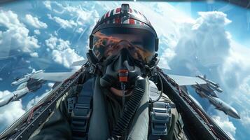 Portrait of a Fighter Pilot in F-16 Cockpit with Clouds and Jet Reflections photo