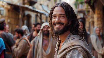 Portrait Of A Happy Jesus Christ Smiling Among People In Historical Setting photo