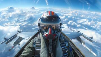 Fighter Pilot In Cockpit Of F-16 With Dramatic Sky And Clouds photo